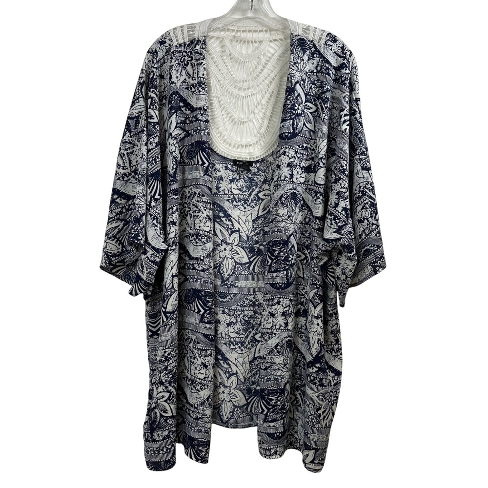 rue21 Womens L/XL Kimono Cardigan Navy Blue White Floral Crochet Lace Back